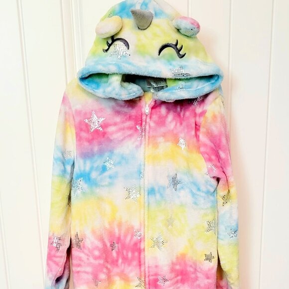 Saint Eve Sz Small 7/8 Fleece Unicorn Pajama Jumper 1pc Hooded Tie Dye Rainbow - Picture 1 of 10